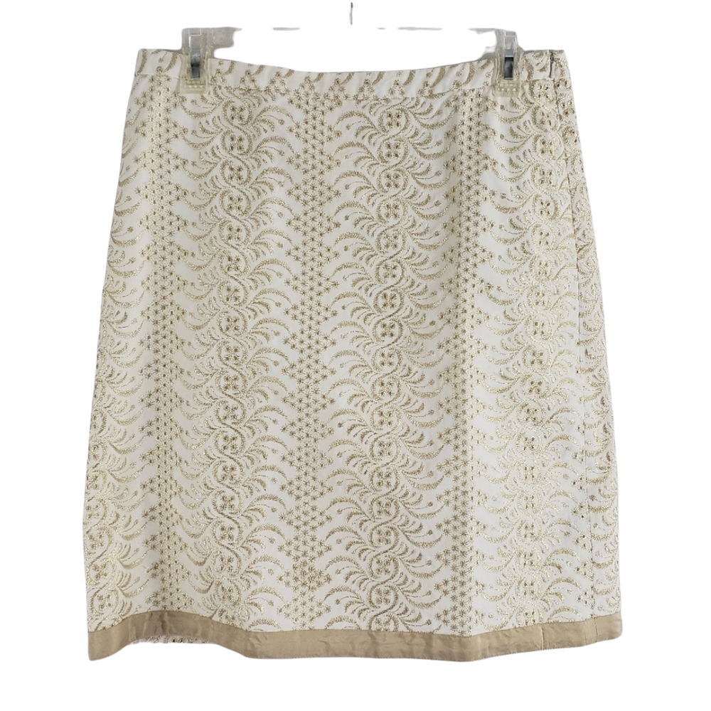 Banana Republic Pencil Skirt Size 6 Embroidered Gold Metallic Accent Ivory - Picture 1 of 8